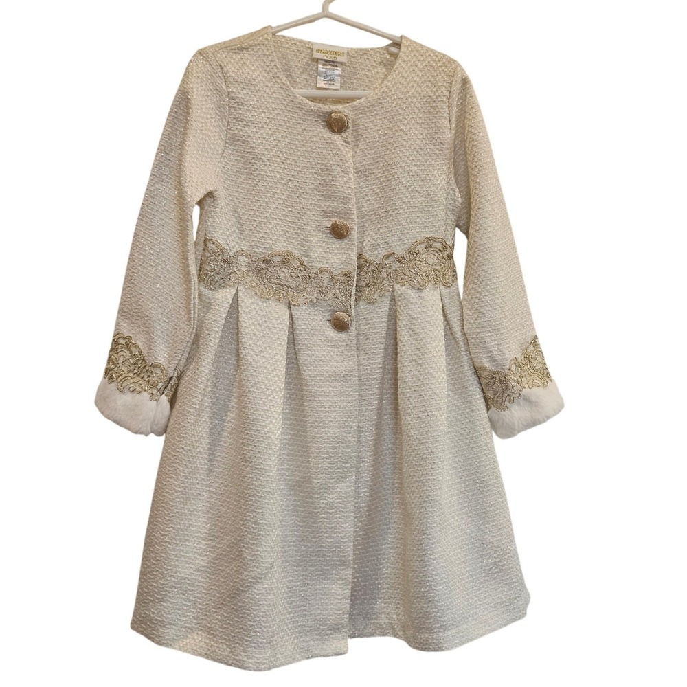 Blueberi Boulevard Gold Girls Dress Coat Cream Metallic Tweed Lace Faux Fur 6X‎